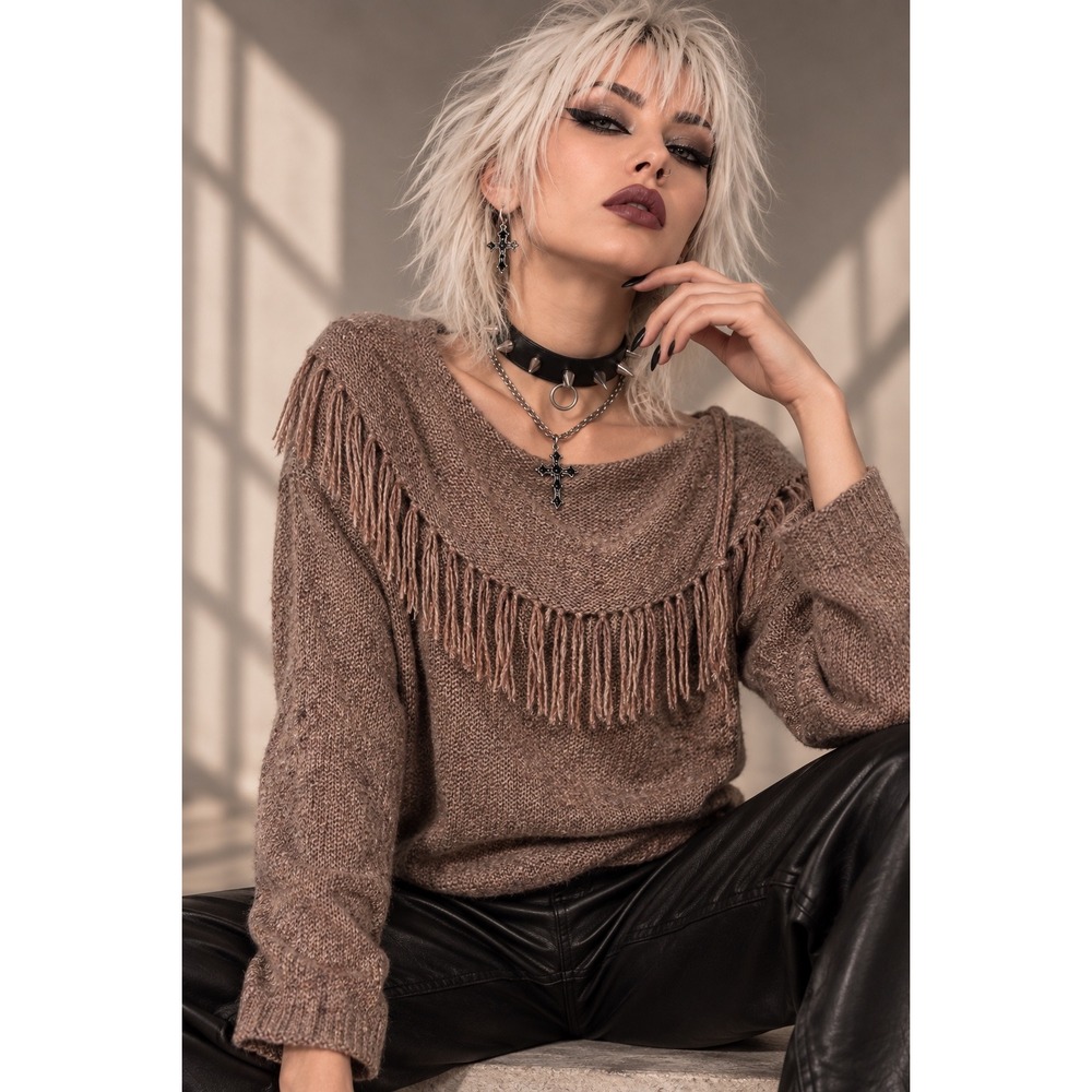 Modern Soul Womens 2X Brown Marled Fringe Cowl Neck Pullover Sweater Long Sleeve